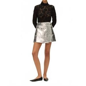 NEW ELODIE tau leather mini skirt in silver